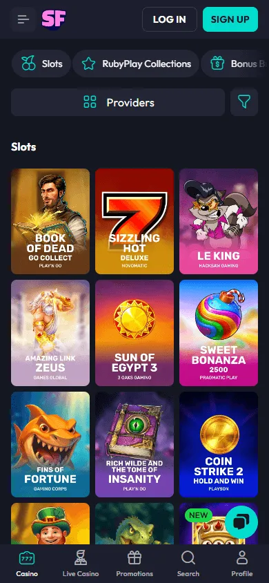 Spin Fever Casino games page on mobile