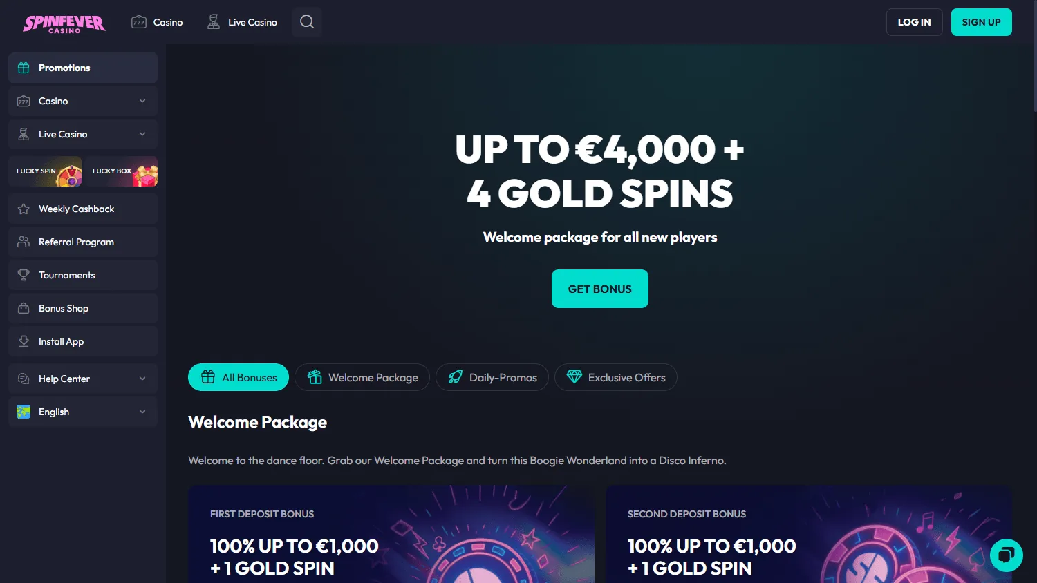 Spin Fever Casino promotions page on desktop