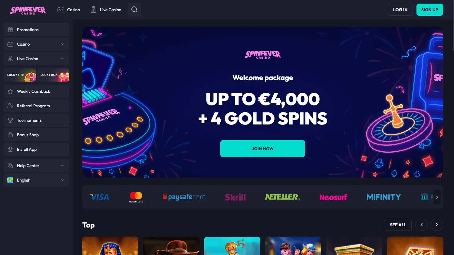 Spin Fever Casino home page on desktop