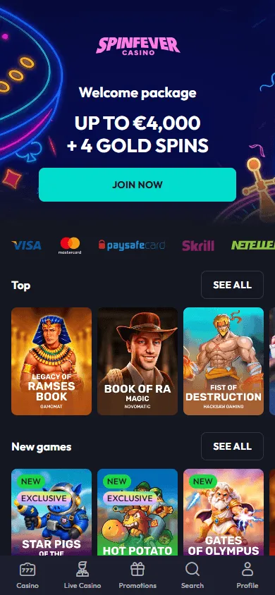Spin Fever Casino home page on mobile